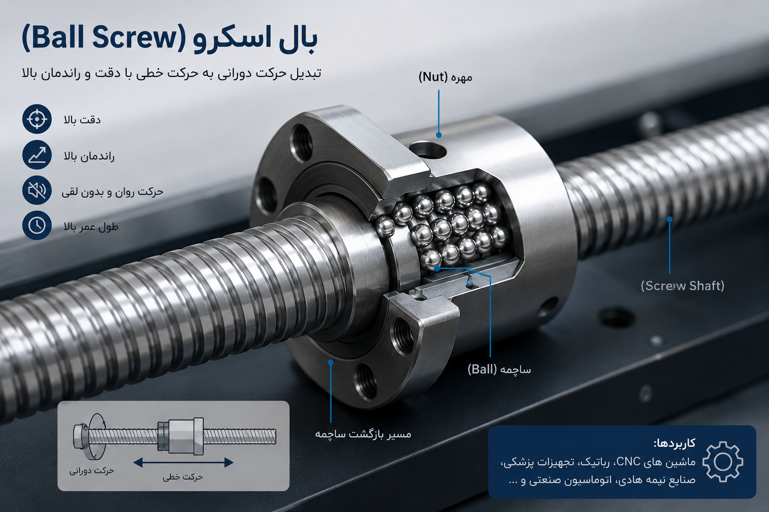 بال‌اسکرو چیست؟ راهنمای مهندسی انتخاب بال‌اسکرو برای CNC و ماشین‌آلات صنعتی